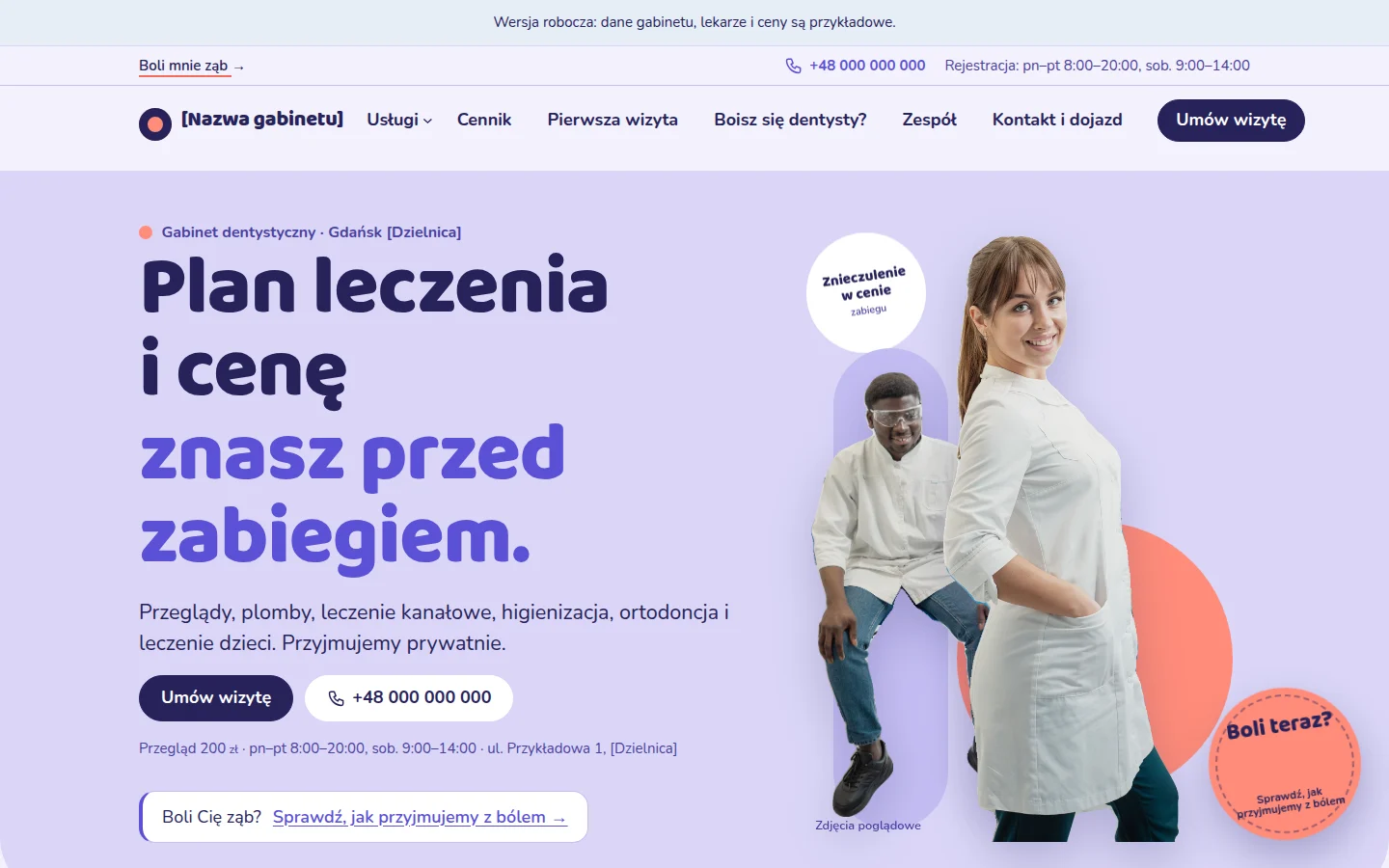 Zrzut strony pokazowej dla branży: Gabinet stomatologiczny — Cennik zabiegów widoczny bez klikania i umawianie wizyty