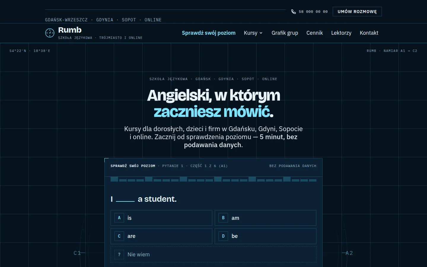 Zrzut strony pokazowej dla branży „Szkoła językowa”: Test poziomu online, grafik grup i kalendarz konsultacji.